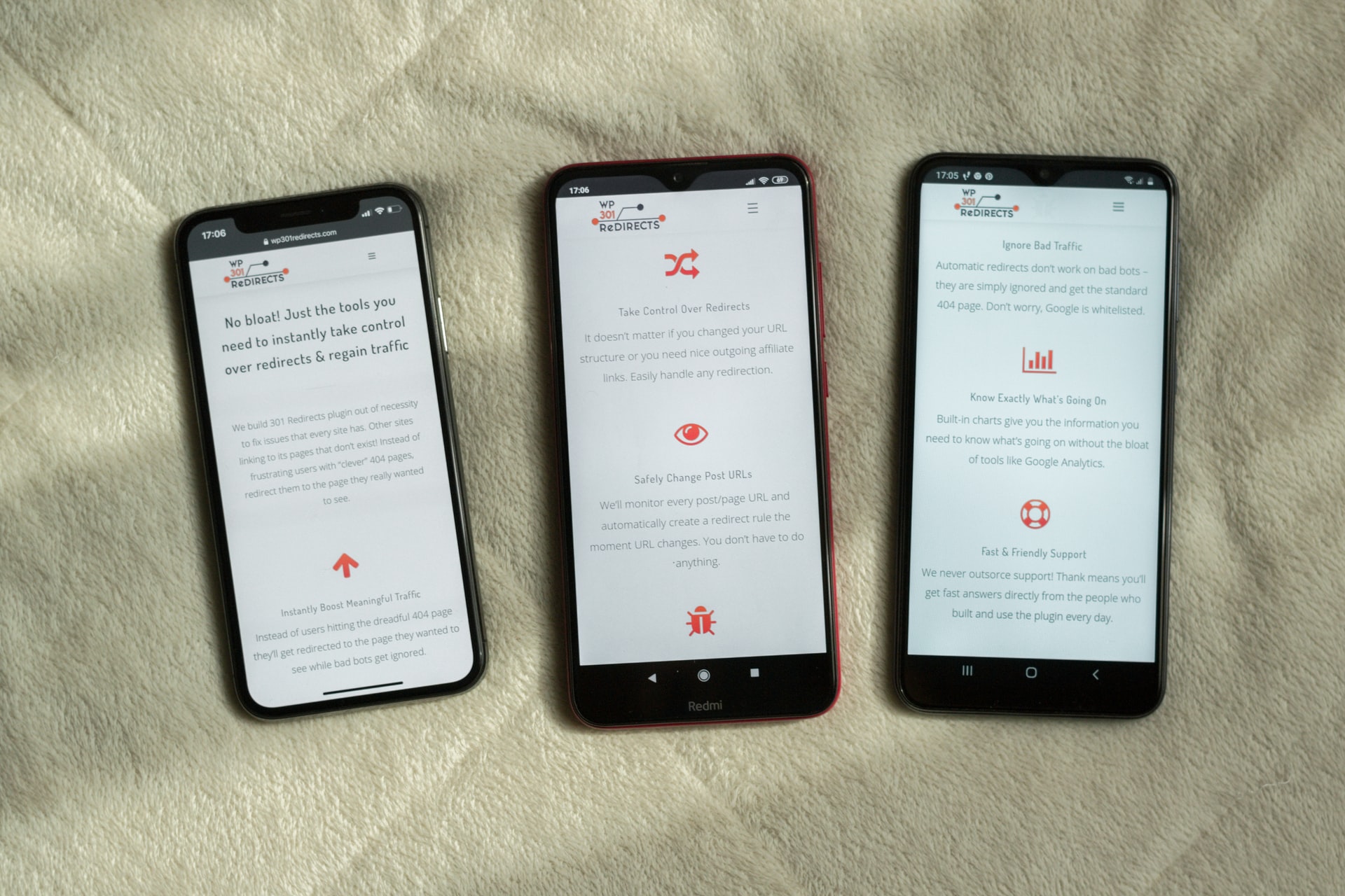 Three smart phones showing WP 301 Redirects plugin